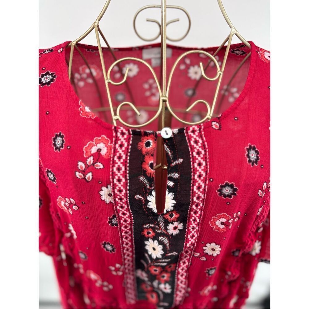 J. Jill Floral Flutter Sleeve Peasant Blouse Lace Trim Size 2X Red - Picture 7 of 11